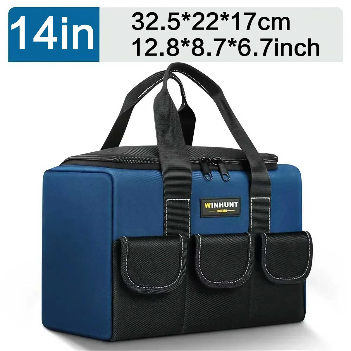 A blue heavy duty tool bag with black straps and multiple pockets shown from the top.