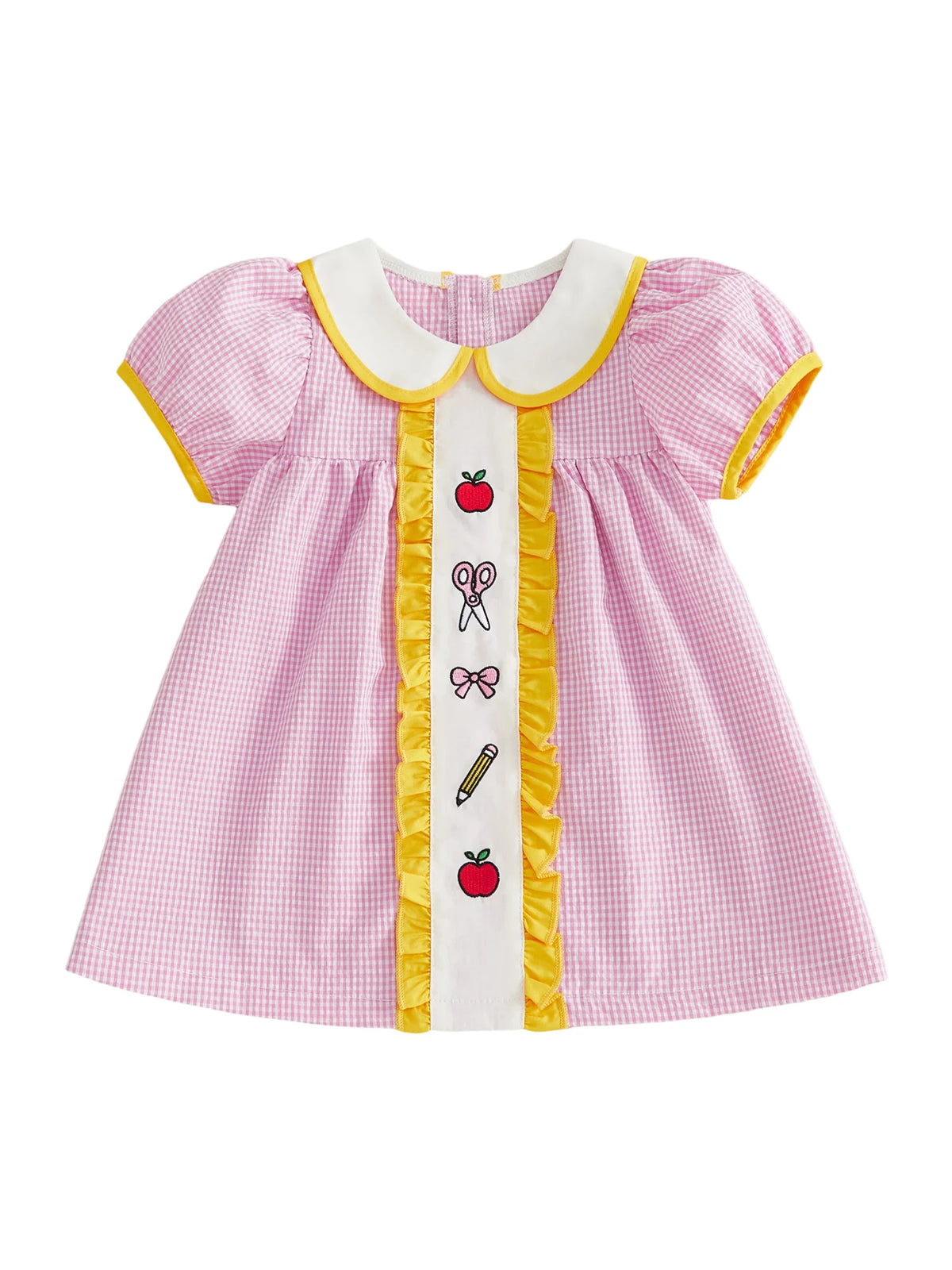 Girls Embroidered Plaid A-Line Dress with Peter Pan Collar
