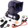 A dark blue air horn kit featuring a horn, relay, and harness components.