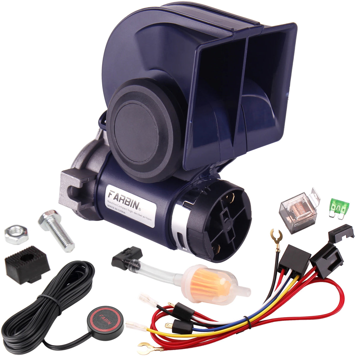 A dark blue air horn kit featuring a horn, relay, and harness components.