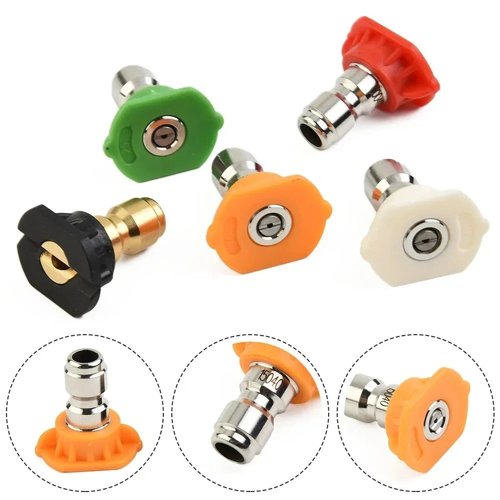 A set of five high pressure washer nozzles in various colors including green orange and silver metal connectors