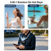 Three-in-one solution showing a handheld fan, desk fan, and neck fan used on hot days.