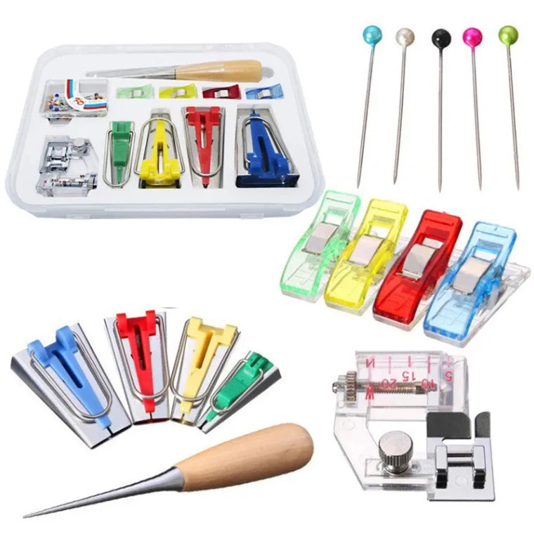 A complete DIY bias tape maker set featuring various tools, including a binder foot and specialized needles.
