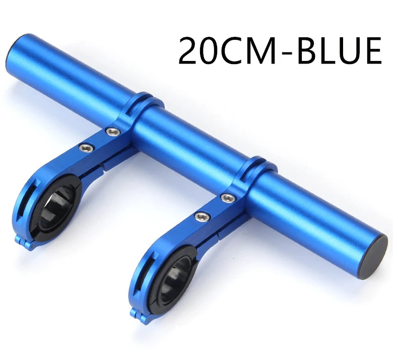 A 20cm blue aluminum alloy bicycle handlebar extender mount with two mounting arms.