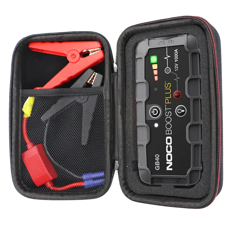 Black carrying case for the NOCO Boost Plus GB40 device with a red charger visible inside.