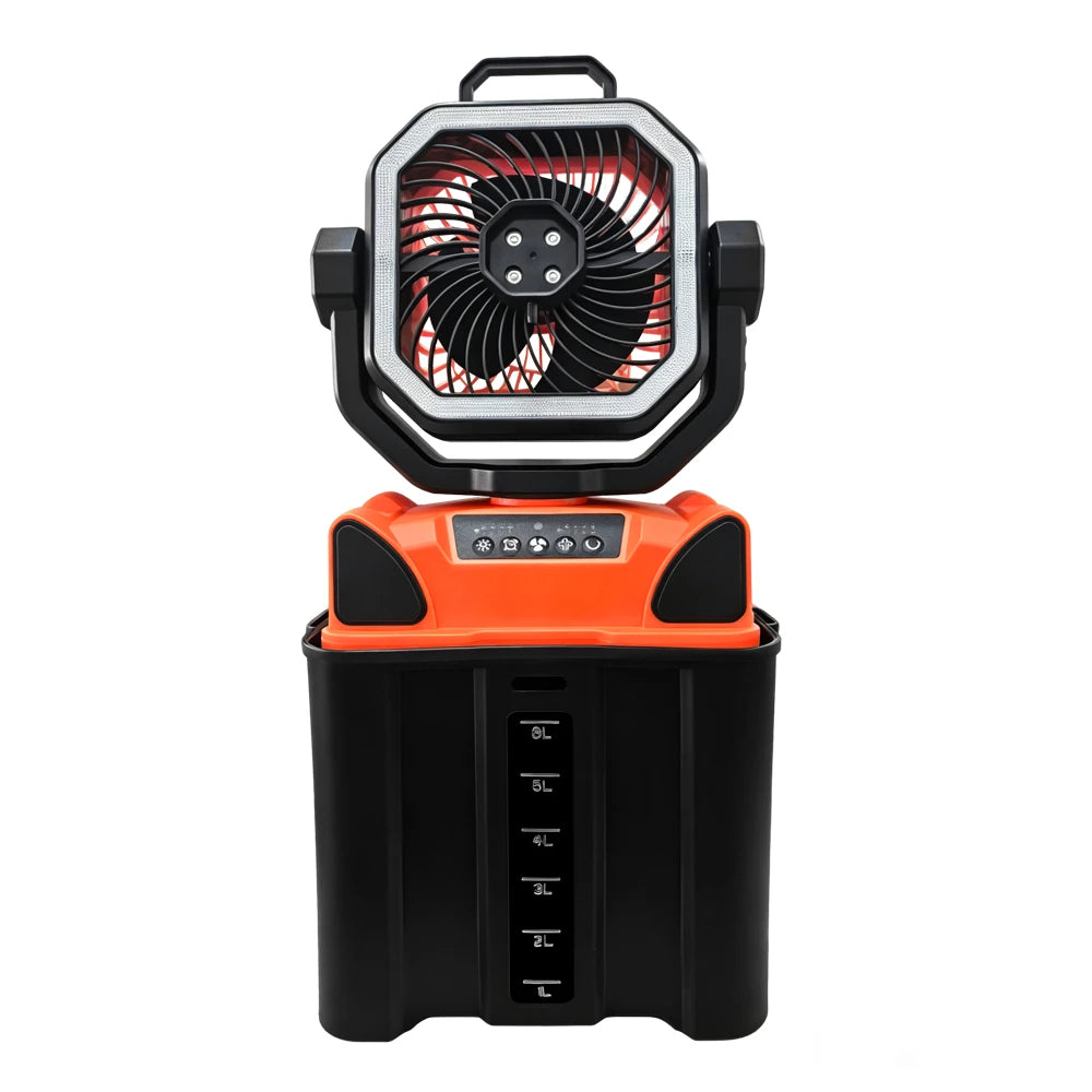 Portable misting fan with a black and orange body featuring a large fan and a water tank.