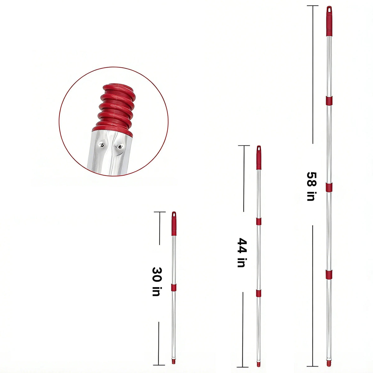 Replacement mop handle and base with red and silver components shown in various views.