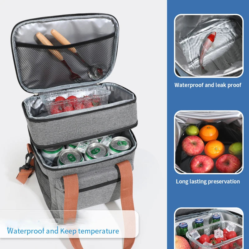 Insulated Double-Layer Lunch Tote with Shoulder Strap