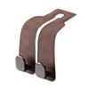 Brown suede storage hooks designed to attach bags or items to a car seat back.