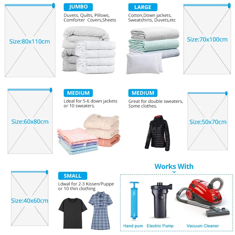 A collection of vacuum storage bags in various sizes and a vacuum cleaner, demonstrating space-saving clothing organization.