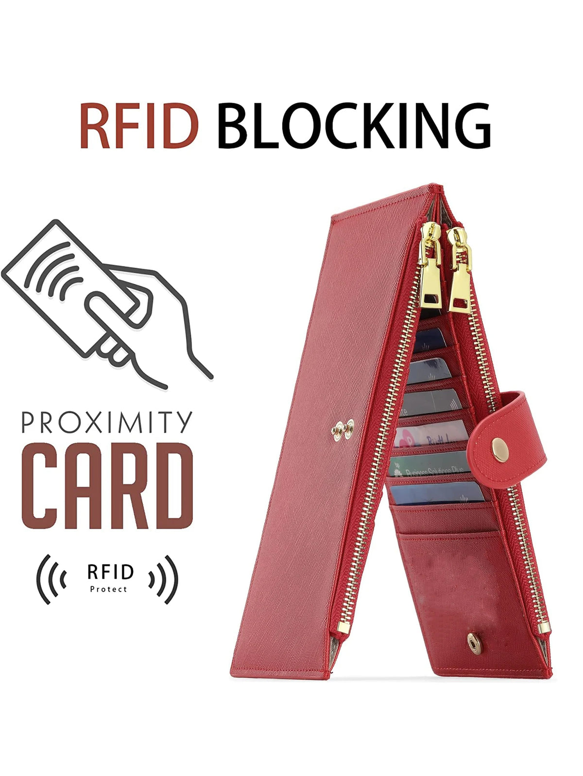 A pink RFID blocking card wallet with a double zipper security feature shown next to an icon of RFID protection.