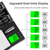 A high-precision digital pocket scale showing multiple readings on a green display with dual units like OZ, oz, dwt, ct, and 