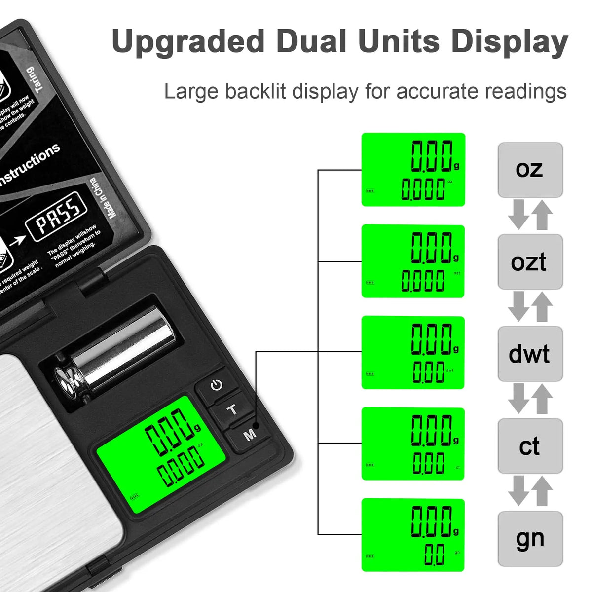 A high-precision digital pocket scale showing multiple readings on a green display with dual units like OZ, oz, dwt, ct, and 
