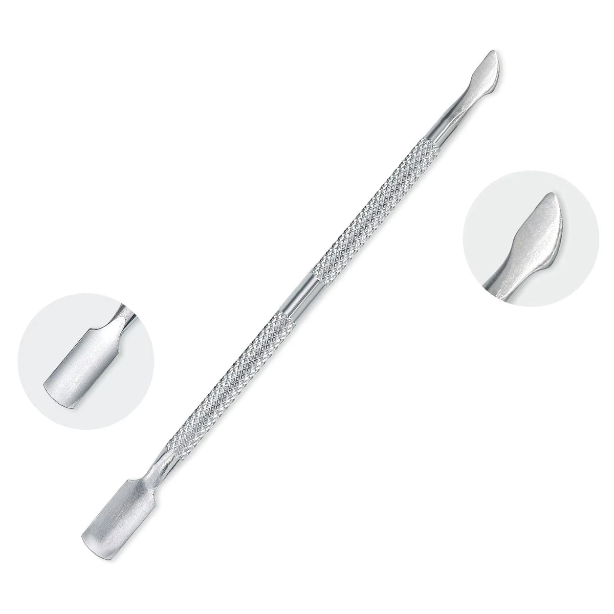 A professional stainless steel manicure kit featuring a cuticle trimmer and pusher tool.