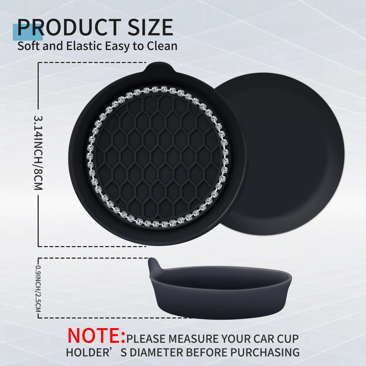 Black silicone car cup holder coasters showing various sizes and a detail of the textured surface