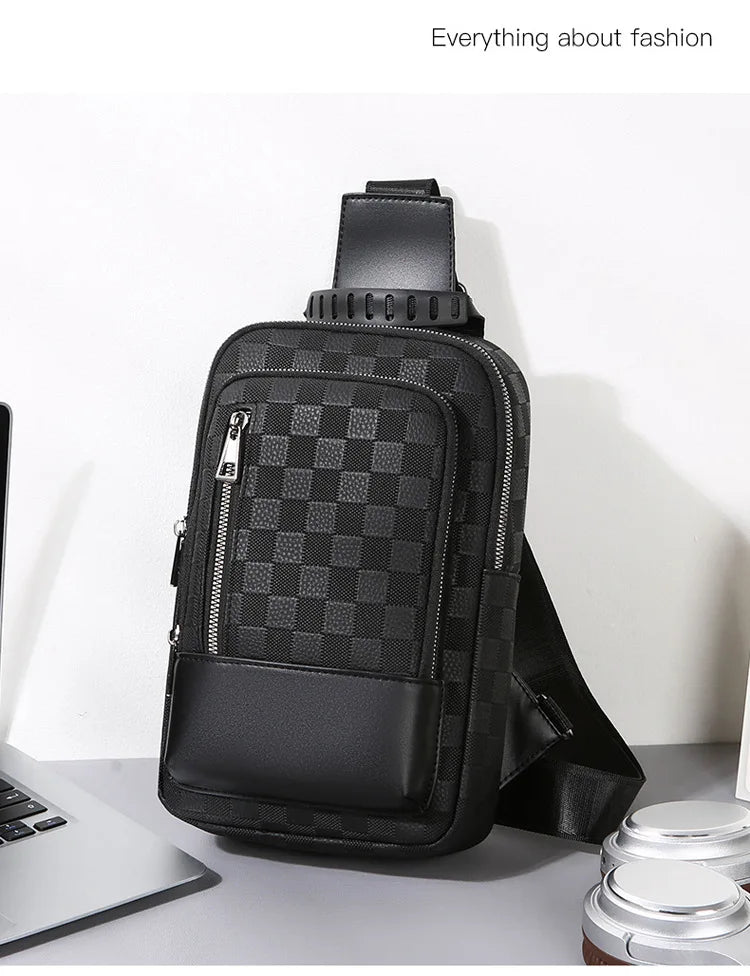 Men's Waterproof PU Leather Crossbody Bag with Geometric Pattern