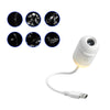 A white mini galaxy star projector night light with a flexible cord and lens is shown alongside several star images.