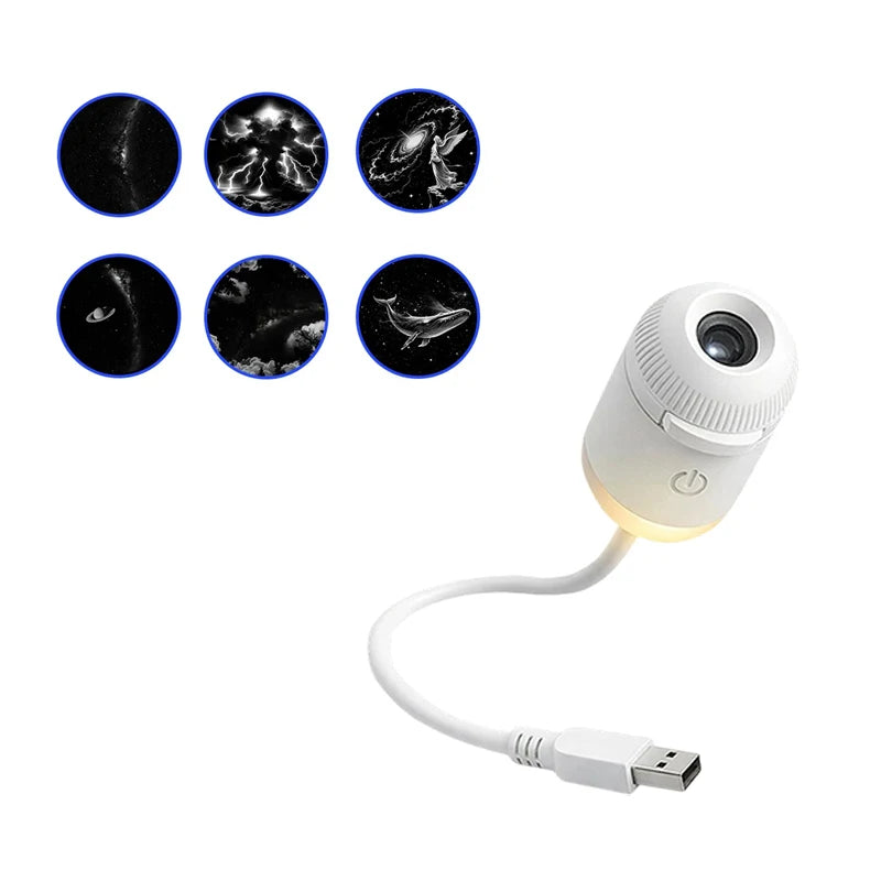 A white mini galaxy star projector night light with a flexible cord and lens is shown alongside several star images.