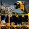 Yellow cordless turbo leaf blower with brushless motor and various gear settings shown in action