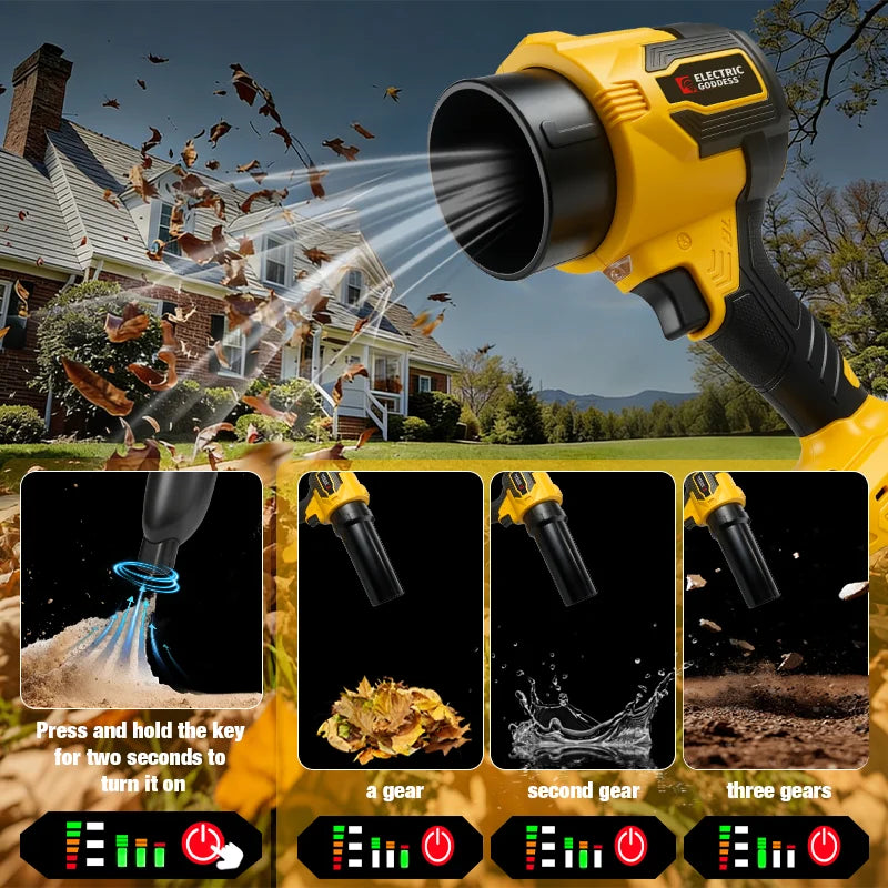 Yellow cordless turbo leaf blower with brushless motor and various gear settings shown in action
