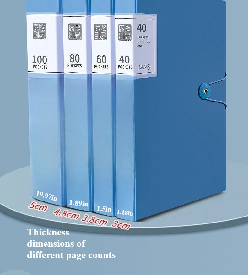 A blue A4 expanding file organizer with clear pocket dividers showing various page counts like 100, 80, 60, 40 pockets.