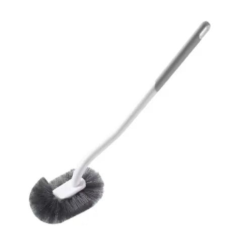 A gray novelty toilet brush with a handle and bristles is shown against a white background.