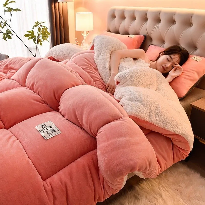 A woman is relaxing under a pink and cream fuzzy quilt on a bed with a tufted headboard.