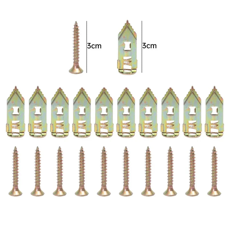 A collection of heavy duty self-drilling drywall anchors in various sizes and finishes.