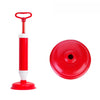 A red heavy-duty toilet and drain plunger with a long handle and a round plunger head.