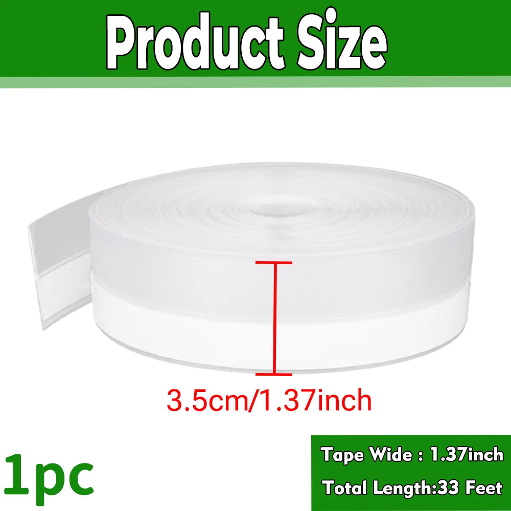 Roll of white silicone weather stripping seal tape measuring 3.5cm or 1.37inch wide with a total length of 33 feet
