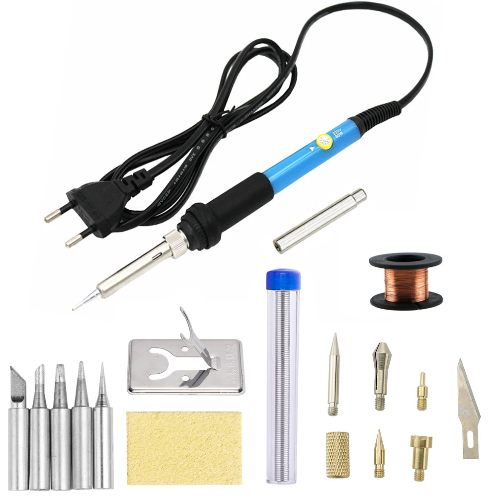 Adjustable temperature wood burning and soldering pen kit with various tips and accessories