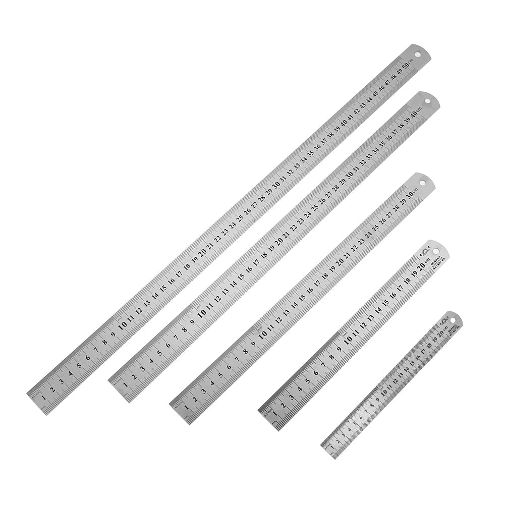 A stainless steel precision straight ruler showing markings from 1 to 50 centimeters.
