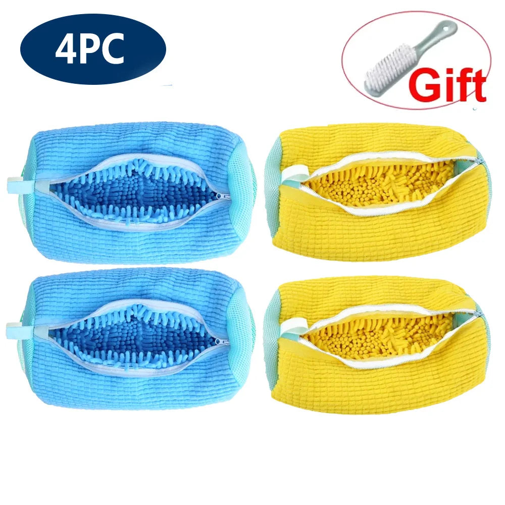 Four reusable mesh shoe laundry bags in blue and yellow colors for washing machine and dryer
