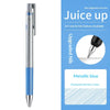 Silberner und blauer Pilot Juice Up Gelstift neben Marketinginformationen für ein Set von Juice Up Stiften