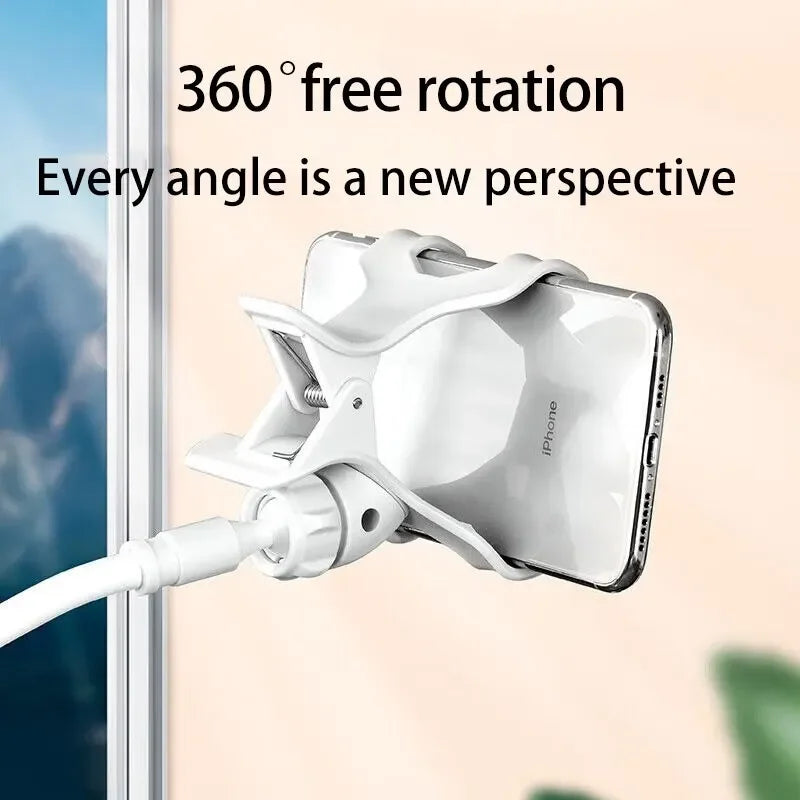A white flexible gooseneck phone holder is shown gripping an iPhone, demonstrating 360 degree free rotation.