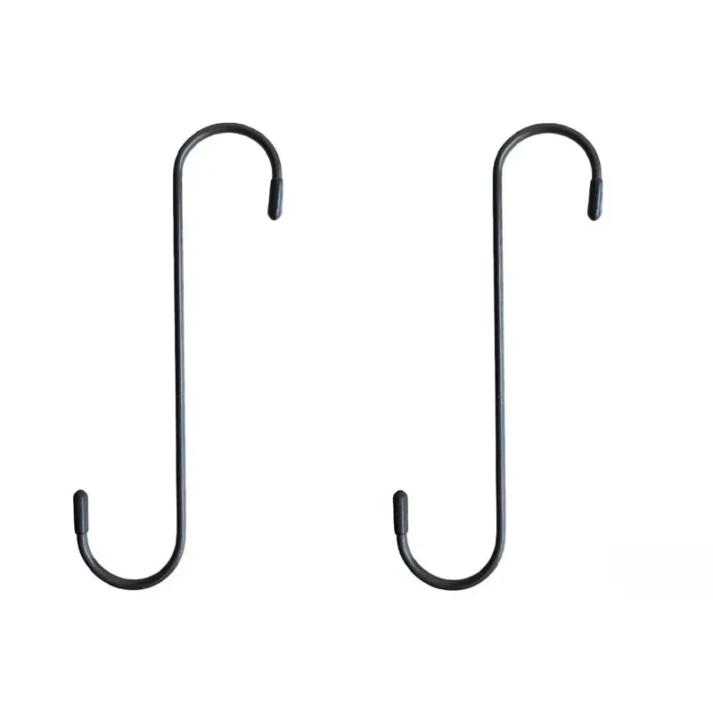 A pair of black S-hook brake caliper hangers for auto repair.
