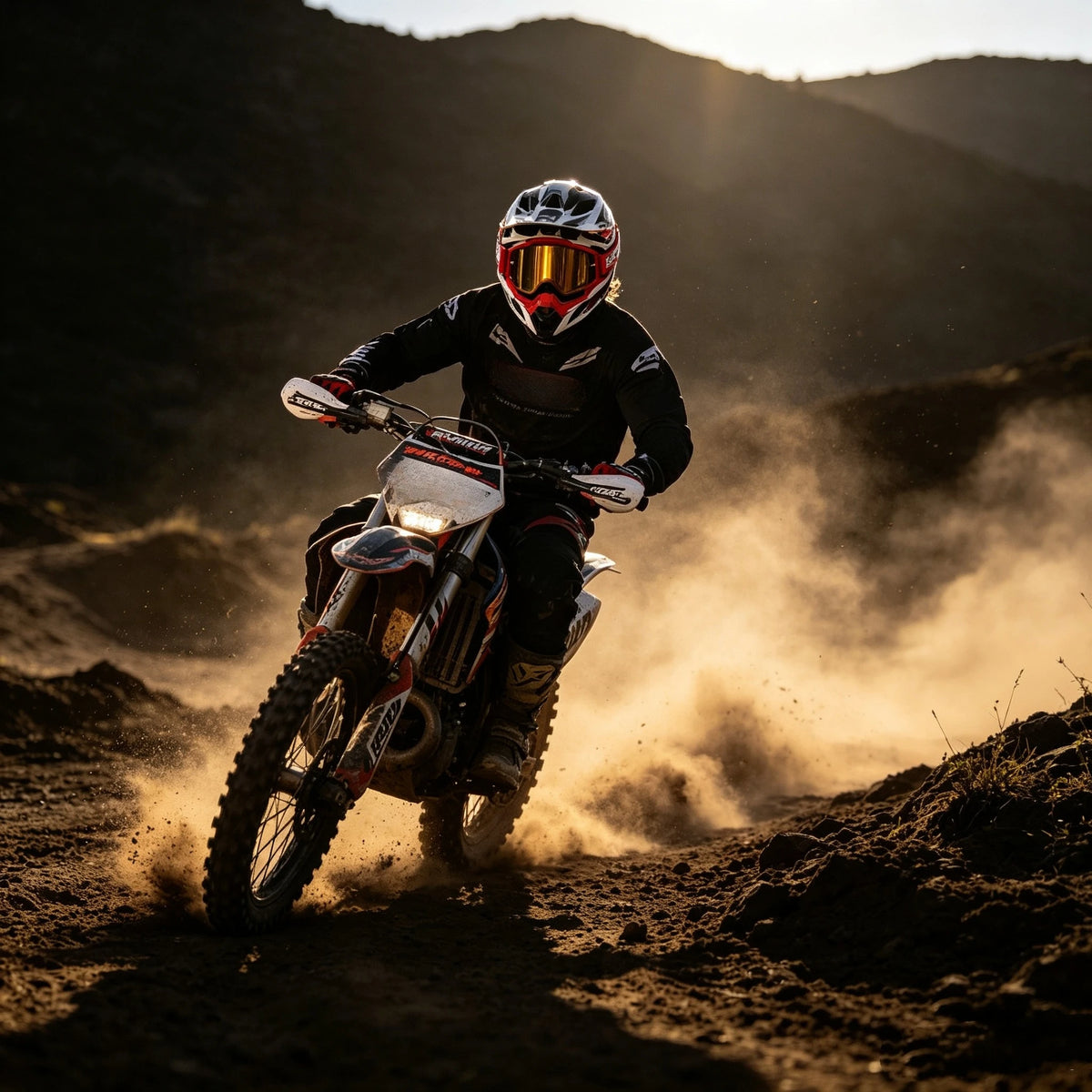 A rider on an off-road motorcycle jumps over dirt, kicking up dust in a dramatic outdoor setting.