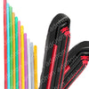 A collection of colorful frameless windshield wiper blades in various colors standing upright.