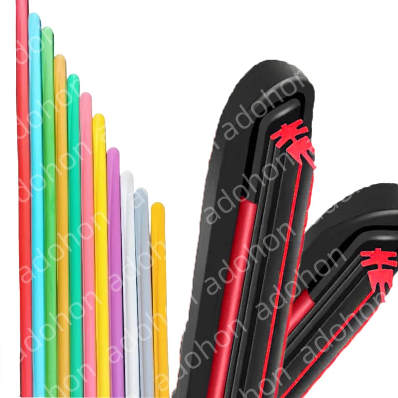 A collection of colorful frameless windshield wiper blades in various colors standing upright.