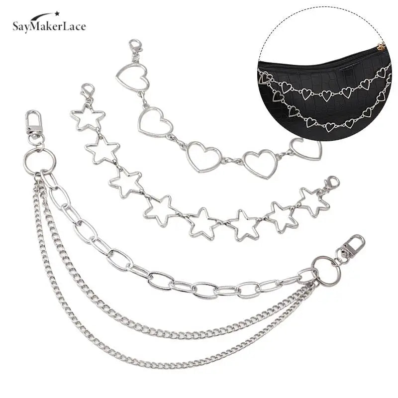 Black leather strap with silver chain and heart and star pendant charms