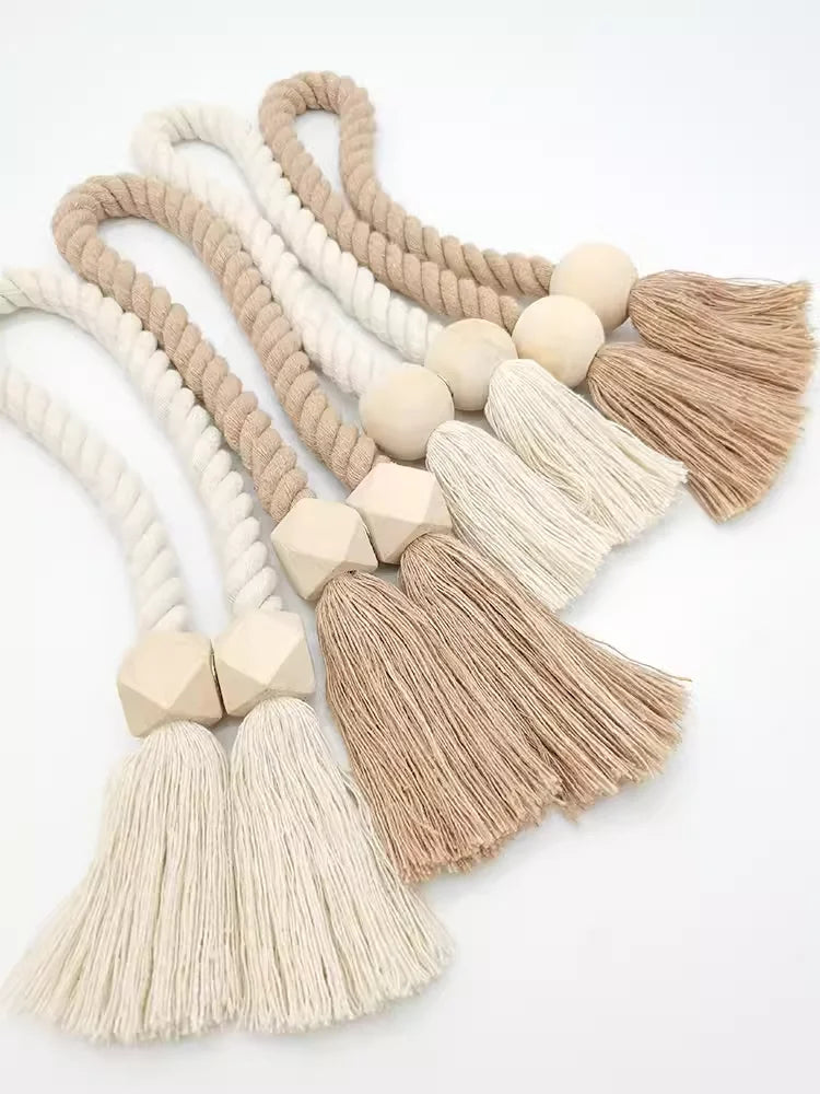 Handwoven Boho Curtain Tiebacks with Wooden Beads