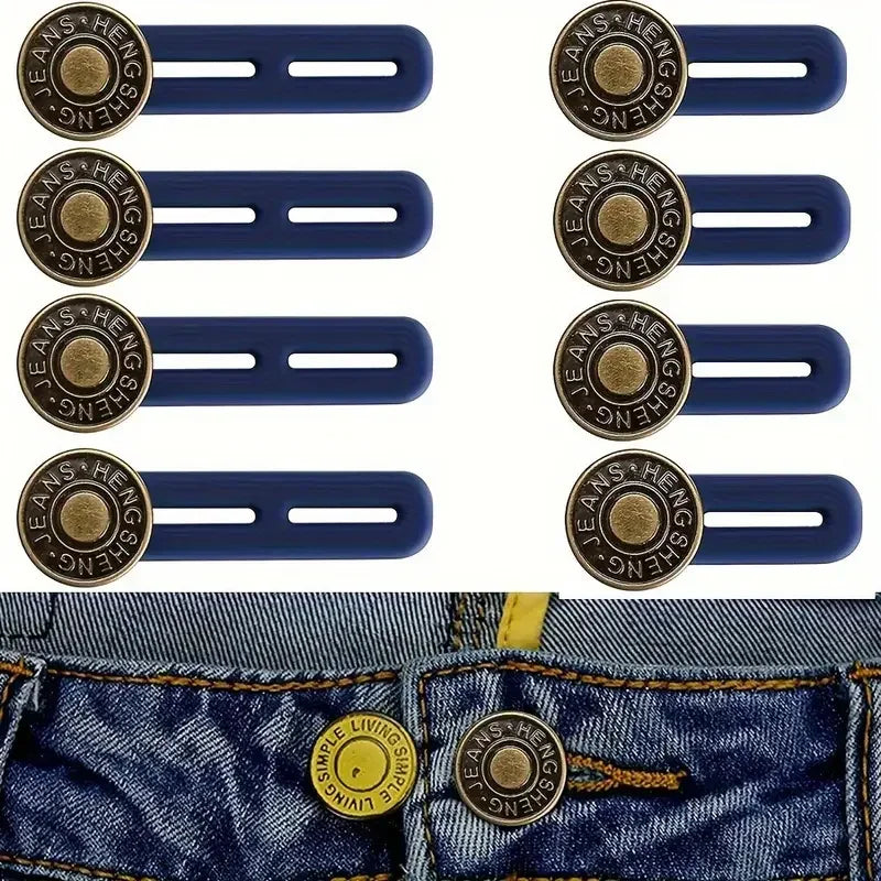 Ensemble d'élastiques de taille ajustables pour jeans, avec quincaillerie couleur laiton et composants en plastique bleu.