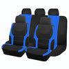 A set of black and blue two-tone car seat covers shown in a row.