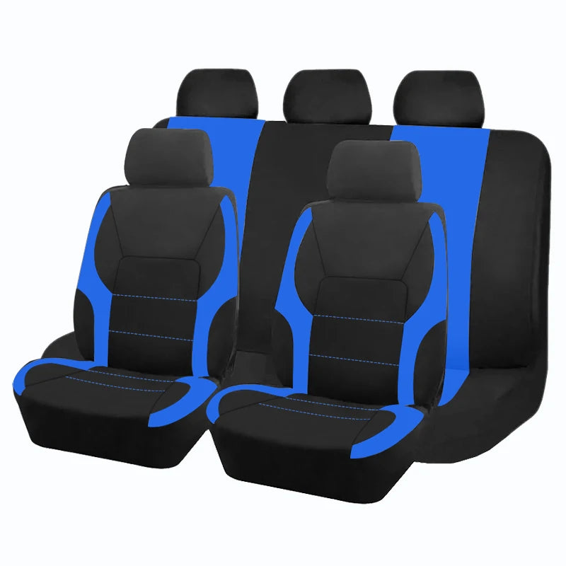 A set of black and blue two-tone car seat covers shown in a row.