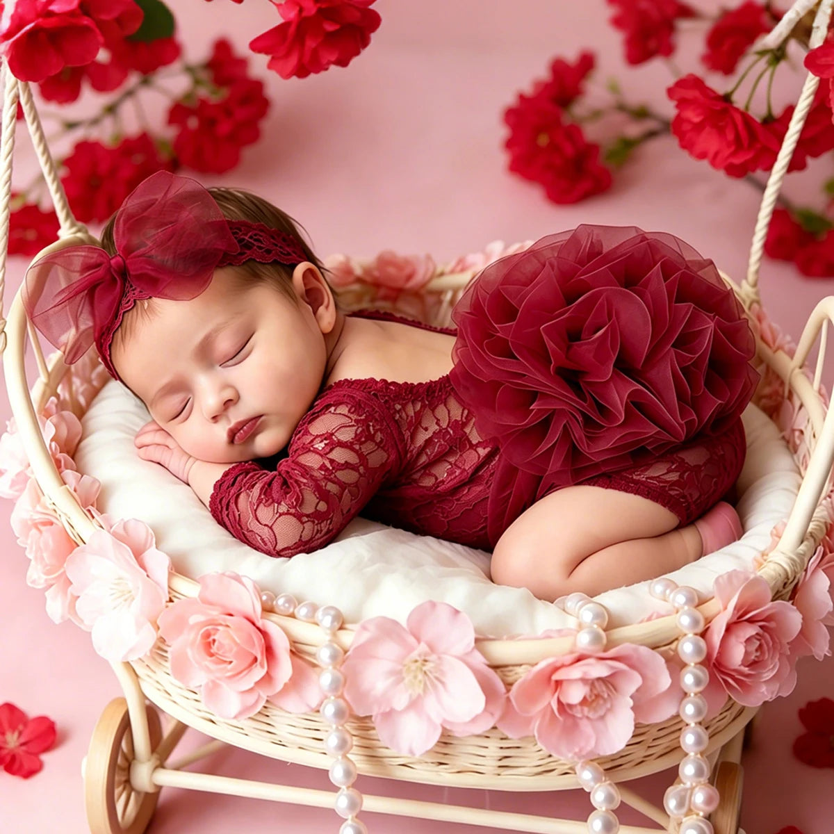 A newborn baby wearing a deep red lace romper and headband is sleeping in a wicker basket decorated with pink flowers.