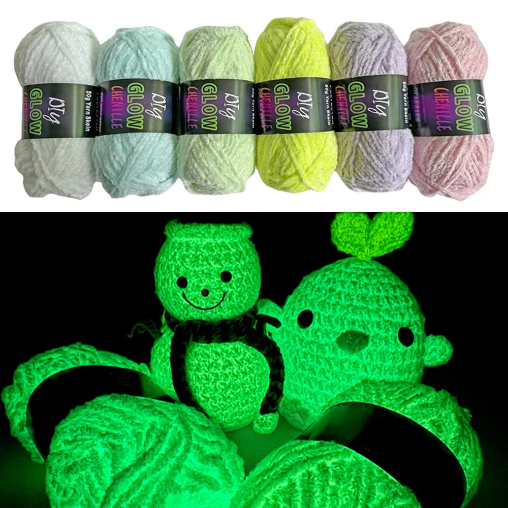 A green glow-in-the-dark knitted or crocheted creature made from bright neon yarn.