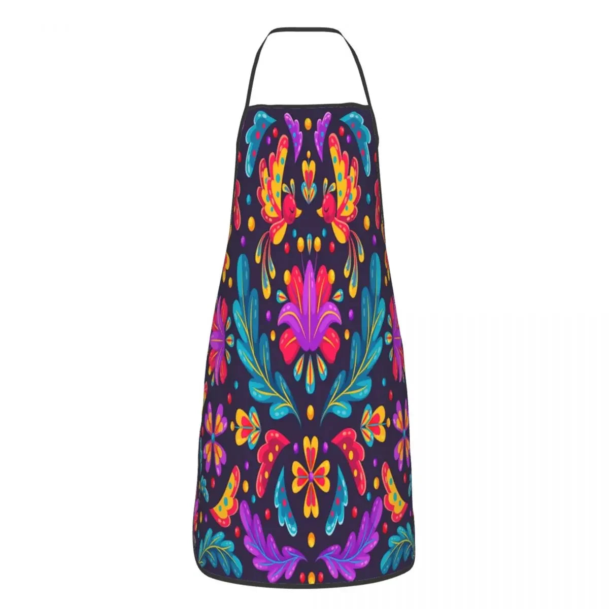 A vibrant Mexican floral art apron featuring colorful flowers and leaves in purple, pink, yellow, and blue.