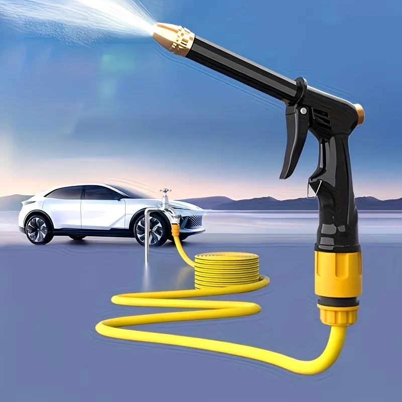 A black high-pressure car wash gun with a yellow hose is shown spraying water onto a white car.