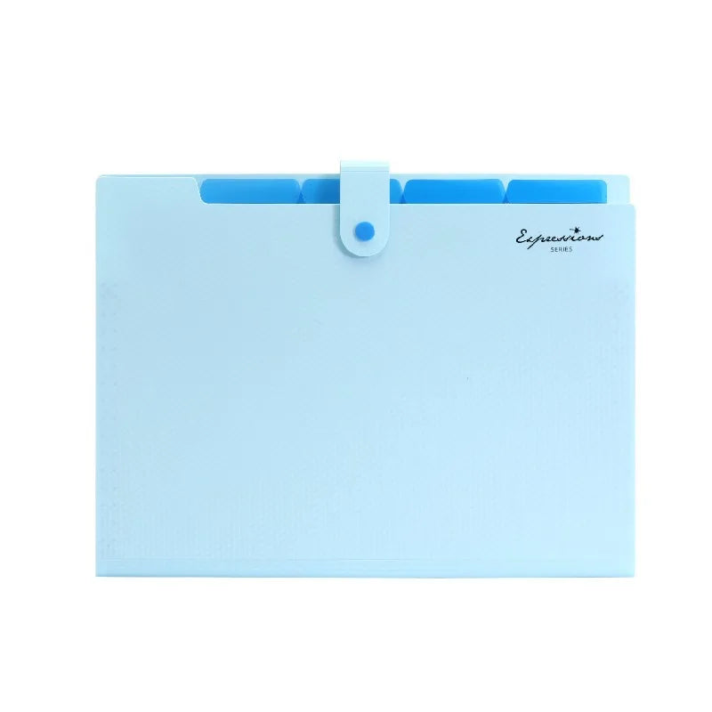 A light blue 5-pocket accordion document folder for A4 papers with a blue plastic cover.