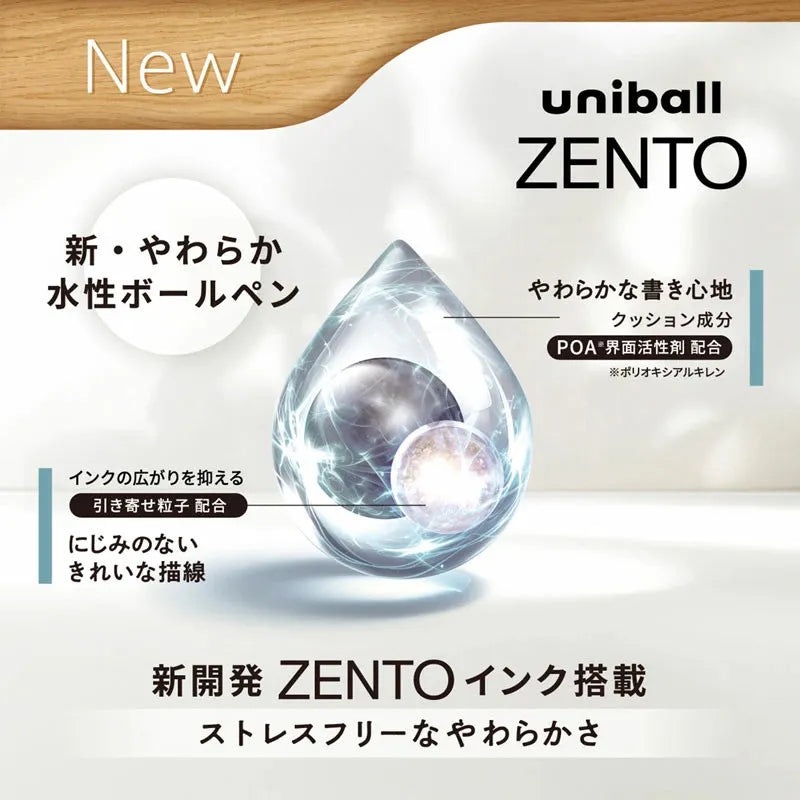 A close-up of a clear gel pen, Uni ZENTO, showing ink delivery and a soft texture.